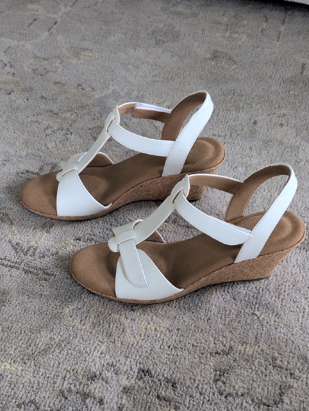 Rockport Blanca White T-Strap Cork Wedge Sandals